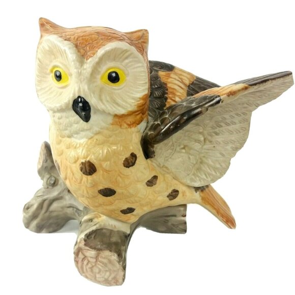 Porcelain Spotted Owl Figurine on Branch Bisque Brown White Wings Out Vintage 5" - Picture 4 of 9